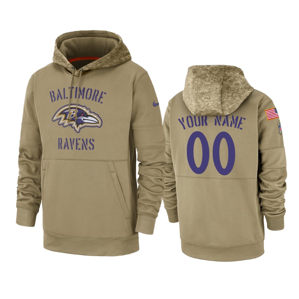 Men's Baltimore Ravens Customized Tan 2019 Salute To Service Sideline Therma Pullover Hoodie